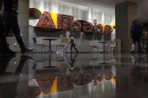 The logo of Alibaba Group is seen inside the company's headquarters in Hangzhou