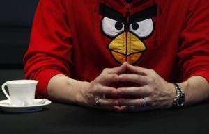 Rovio Entertainment Senior Vice-President Holm wears Angry Birds jacket during news conference in Hong Kong